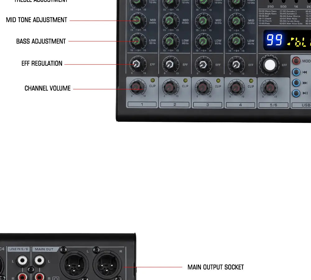 Professional DJ Party High Quality Music Recording Singing 6 Channel Audio Mixer Console
