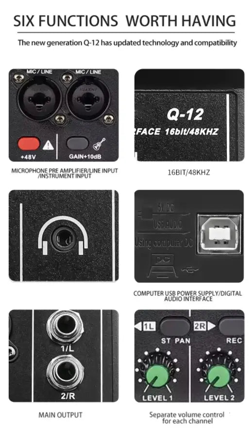 2 Channels Professional portable Audio Interface sound card console mini USB MIXER for Guitar Recording Studio Singing Q12