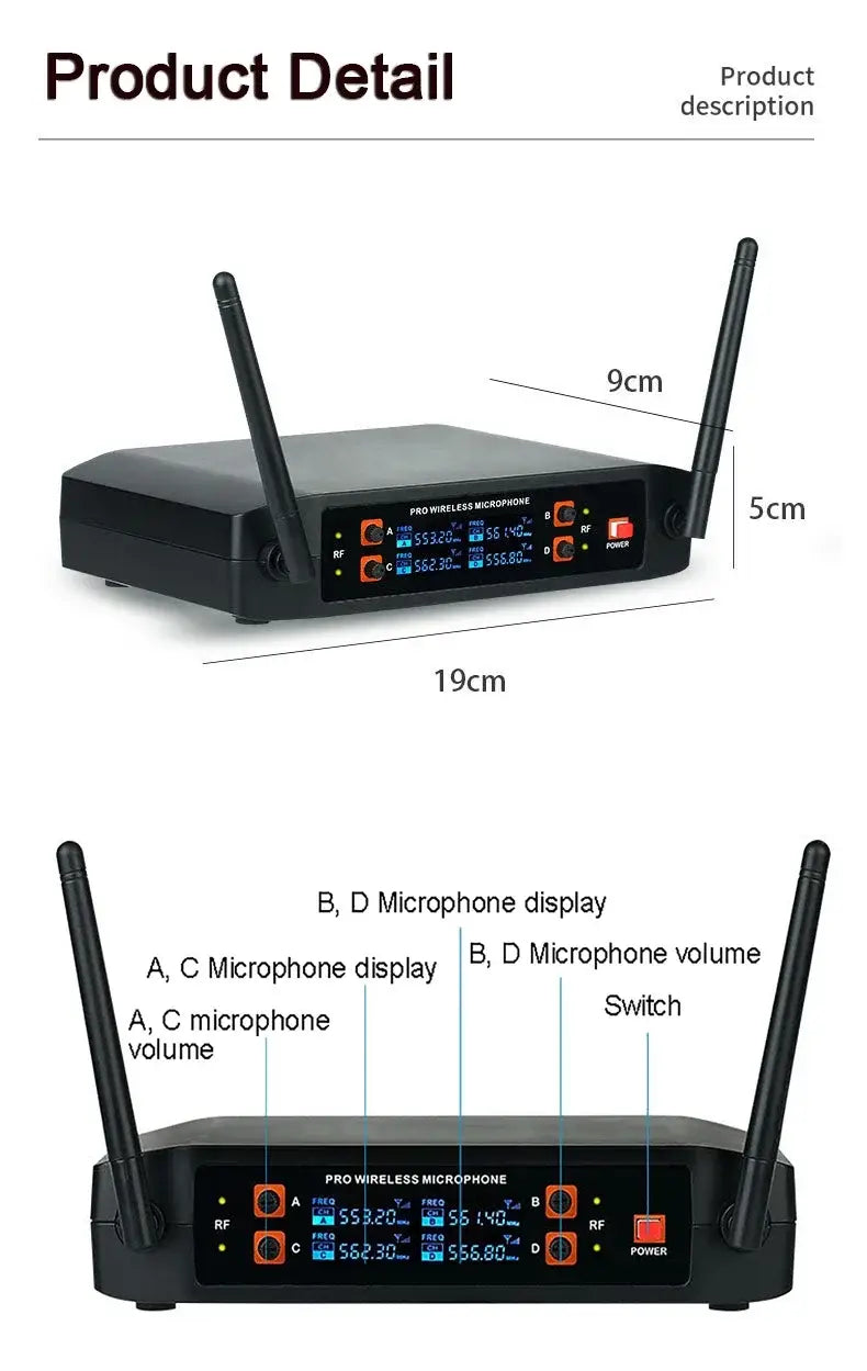 Professional VHF Wireless Microphone System 4 Channel Handheld Karaoke Microphone for Home Party Church Event PA TV Speaker