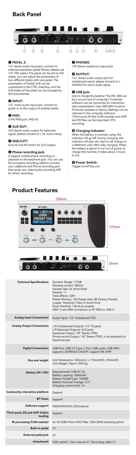M-VAVE MK-300 Guitar Bass Multi-Effects Processor 150s Looper 128 Drums MIDI DAW 120AMP 10h Battery ANN MK-300 Neural Modeling