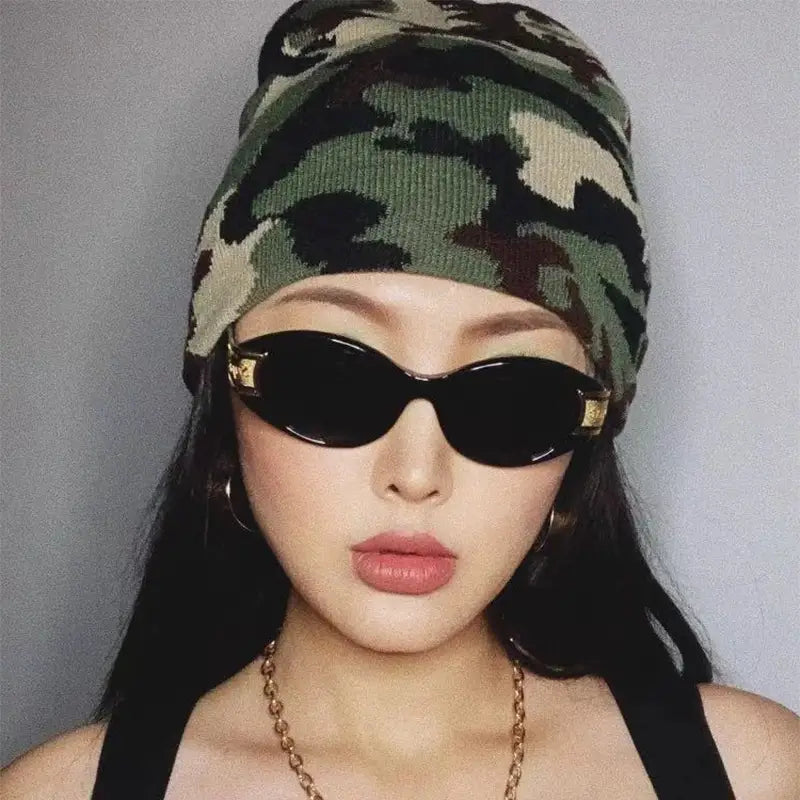 European Camouflage Knitted Hats Color Block Autumn and Winter New Warm Hip Hop Versatile Street Fashion Outdoor Retro Beanies