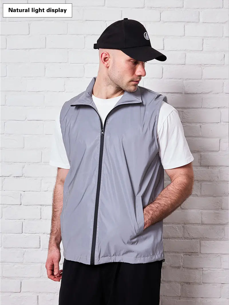 Hip-hop Streetwear Reflective Sleeveless Vest Men’s Spring Summer Lightweight Stand Collar Night Running Dancing Outdoor Jacket