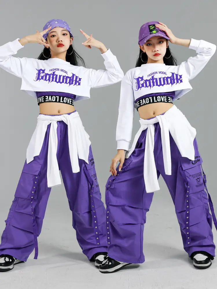 Hip Hop Girls Fashion K-pop Crop Top Purple Cargo Pants Children Street Dance Outfits Kids Streetwear Group Jazz Clothes Sets
