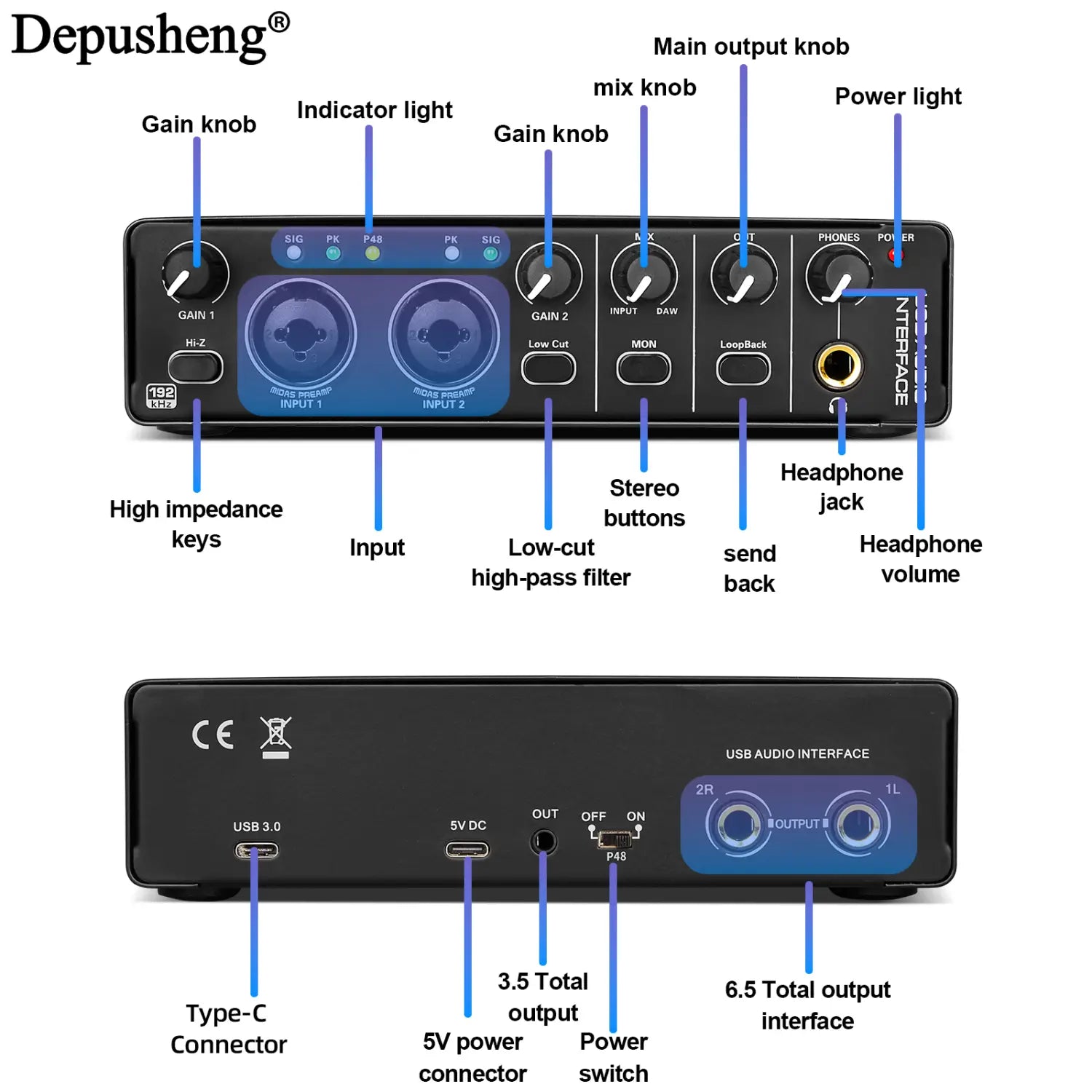 Audio Interface Depusheng MD22 Professional Sound Card with Monitoring Electric Guitar Live Recording For Studio Singing Micro