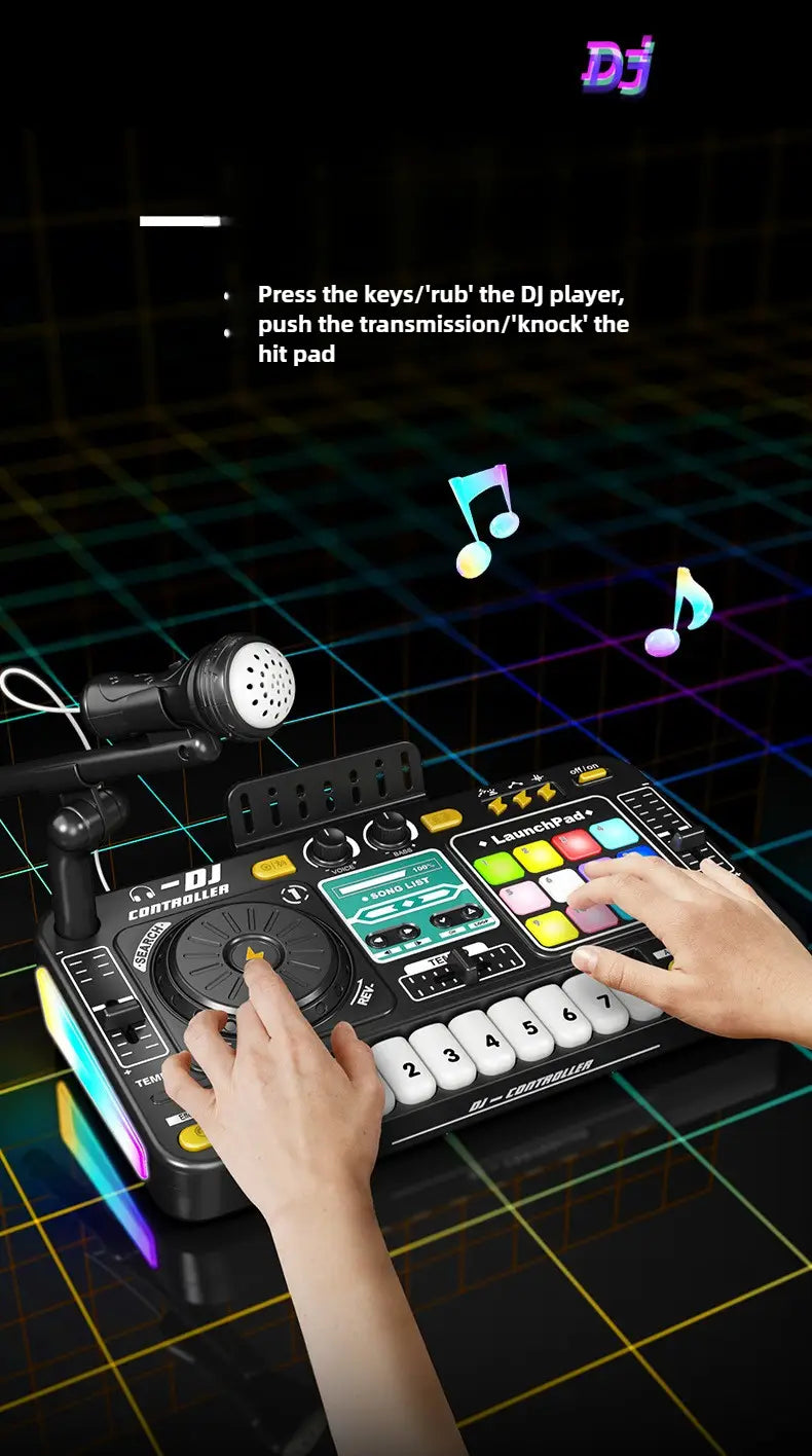 Kid DJ Mixer with Microphone Electronic Piano Keyboard Bluetooth DJ Turntable Controller Musical Instrument Kid Birthday Gift