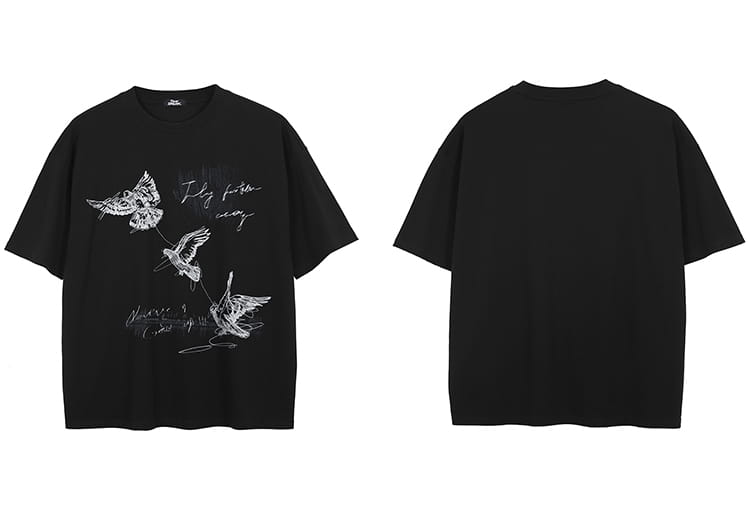2026 Hip Hop Faded Black T-Shirt Streetwear Aesthetic Graphic T Shirt Flying Birds Printed Men Tshirt 100 Cotton Tops Tees