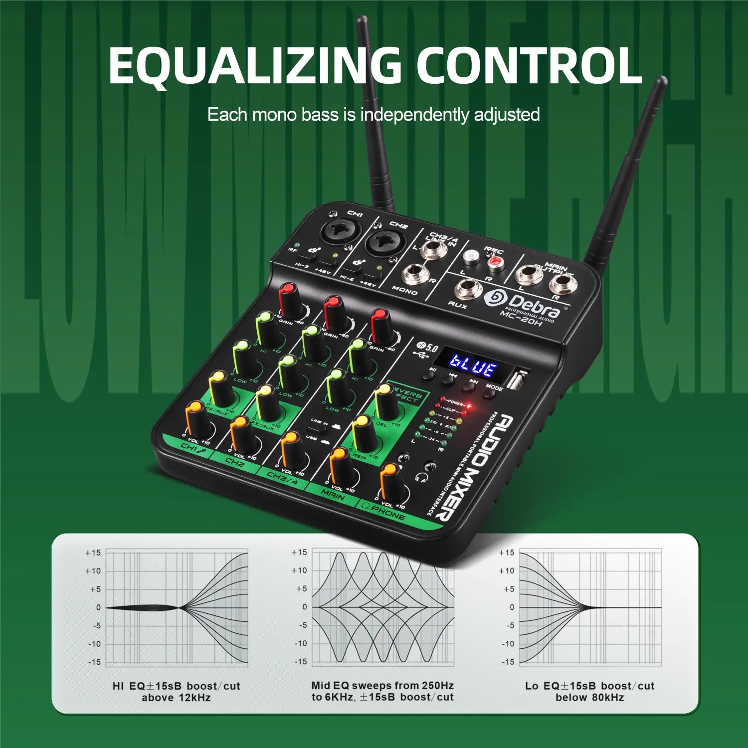 Debra 4 Channels Audio Mixer UHF Wireless Microphone Audio Interface Mixing Console Bluetooth Record PC Delay Repaeat Effect