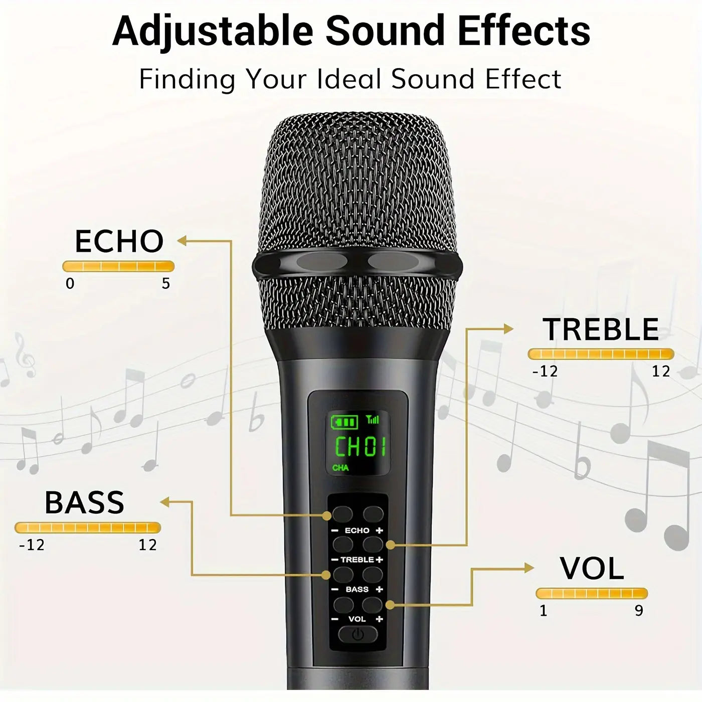 Rechargeable Handheld Wireless Microphones with Echo Treble BASS VOL Control for Karaoke Singing