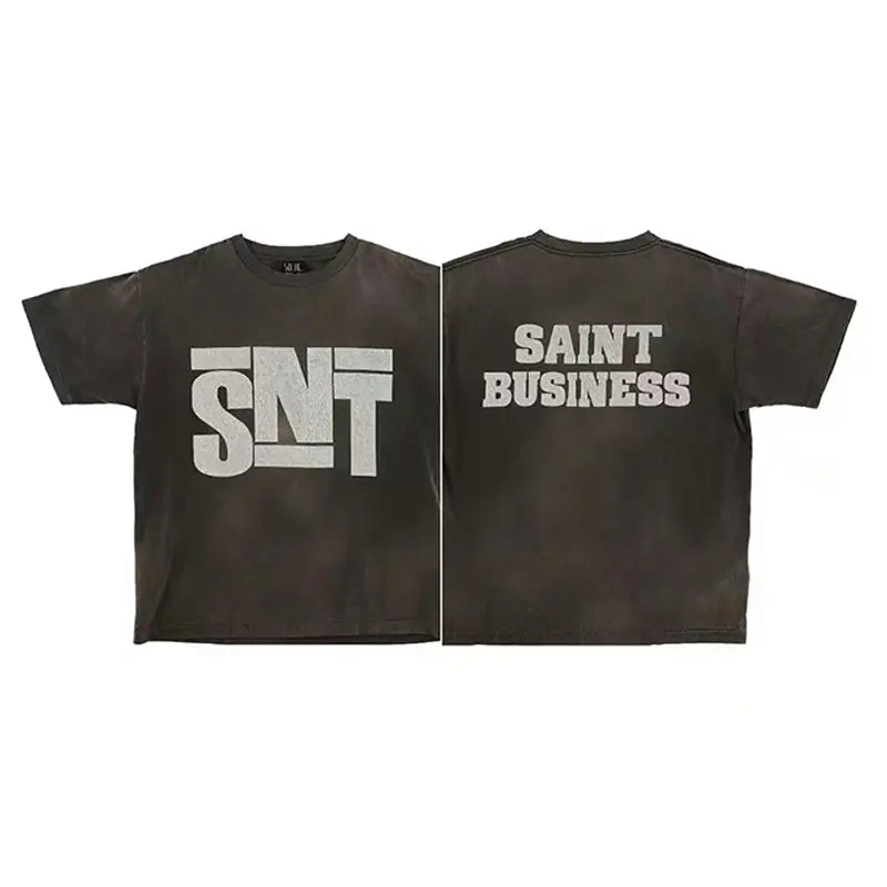 Hip Hop Retro Racing Style Graffiti Color Blocking Saint Micheal T-Shirt Men Women High Quality Oversized T Shirt Tee Tops