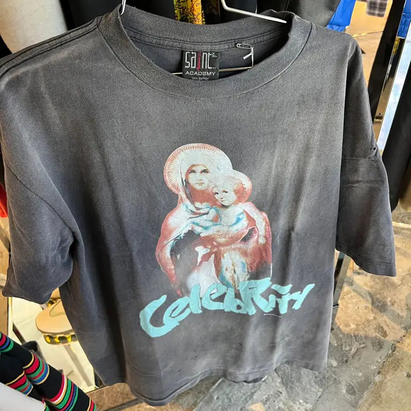 Hip Hop Retro Racing Style Graffiti Color Blocking Saint Micheal T-Shirt Men Women High Quality Oversized T Shirt Tee Tops
