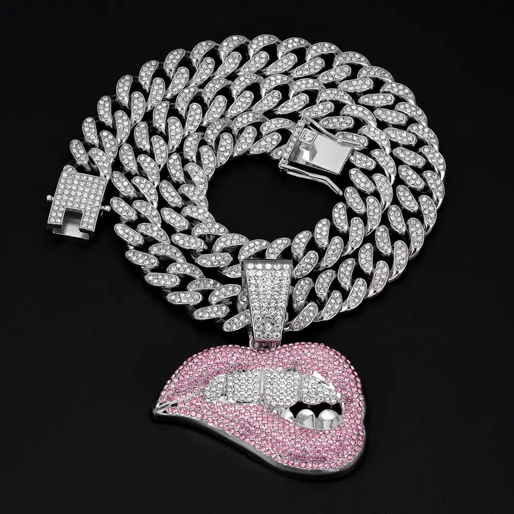 New Men Women Hip Hop Bite Lip Shape Pendant Necklace with 13mm Crystal Cuban Chain Iced Out Bling HipHop Necklace Charm Jewelry