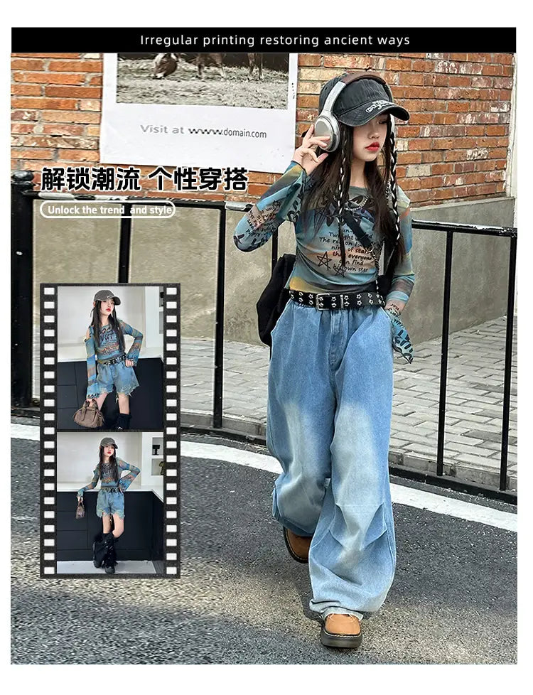 Hiphop Fashion Style Girl y2k Dance Clothes Set T-shirt And Jeans Hiphop Streetwear Kids Child Performance Costume Stage Outfits