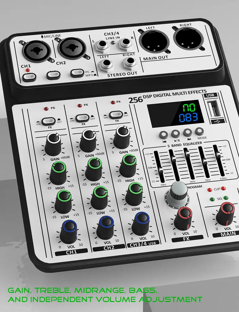 Professional 4-Channel 256DSP Audio Mixer 48V Phantom Power USB Studio Karaoke Bluetooth DJ Console Mixer