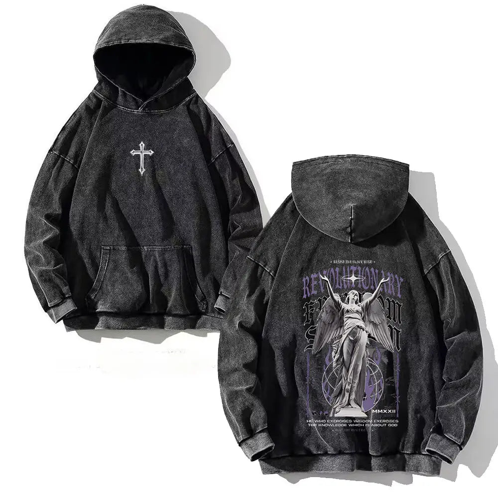 Y2K Washed Hoodies Vintage Cotton Women Men Skull Cross Print Hooded Sweatshirts Oversize Hip Hop Male Pullover Winter Clothes