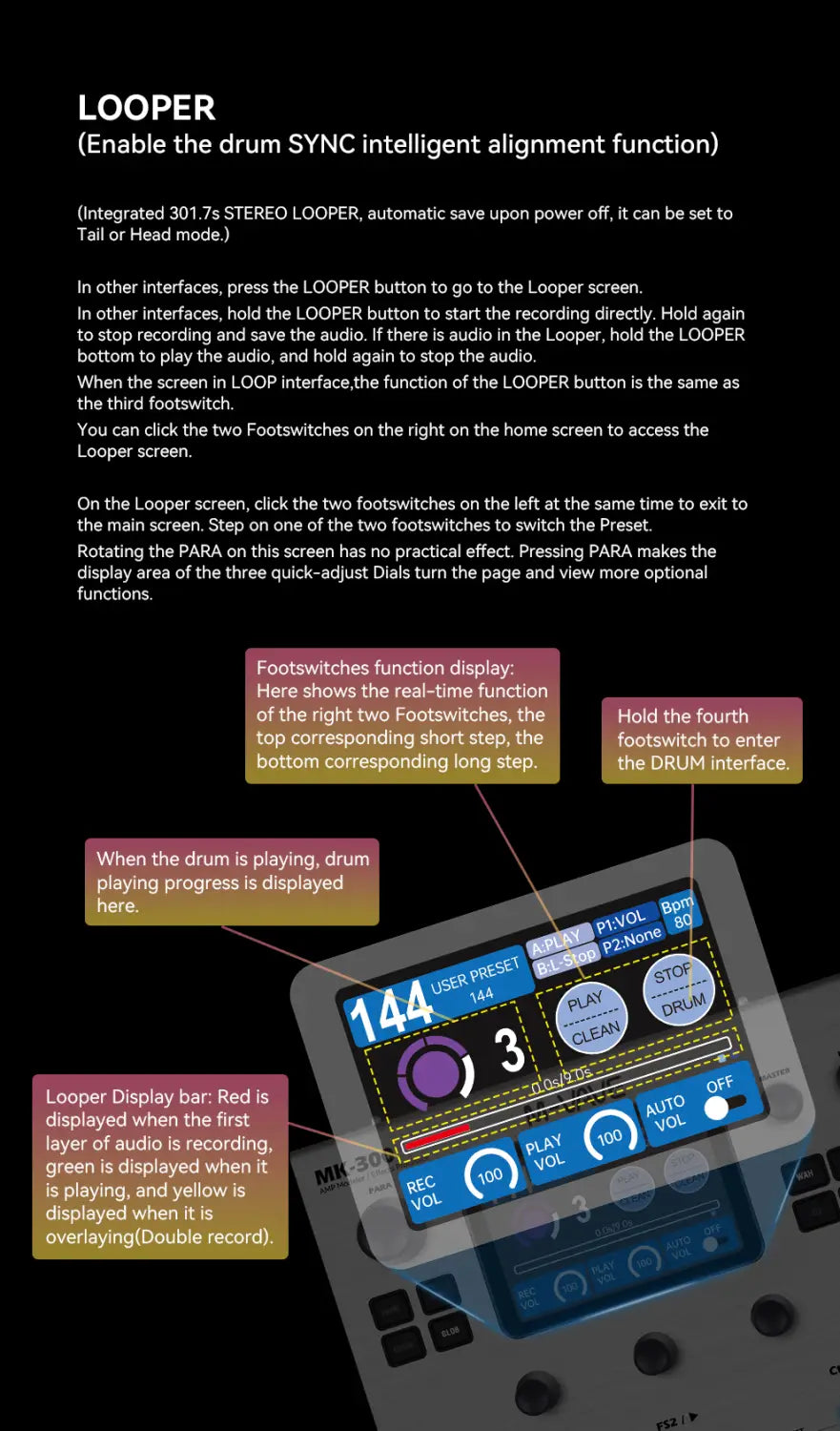 M-VAVE MK-300 Guitar/Bass Multi-Effect Processor Pedal | 300s Looper + 128 Drum MIDI DAW | ANN Neural Modeling 120AMP 360FX