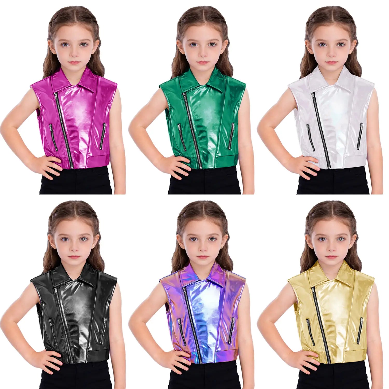 Kids Boys Girls Hip Hop Jazz Dance Performance Costume Turn-Down Collar Vest Zipper Metallic Jacket Tops Sleeveless Outerwear