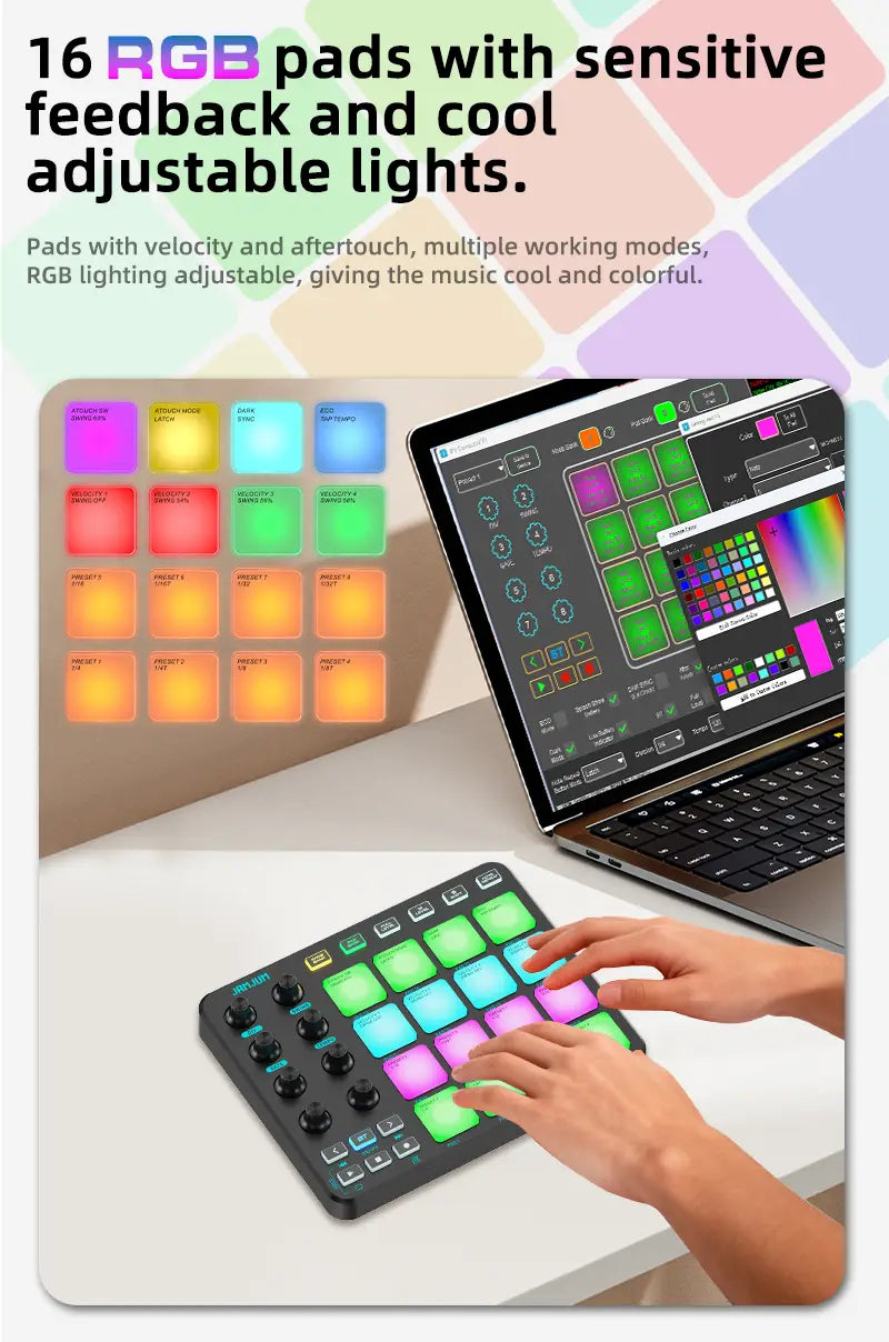 JAMJUM MIDI Controller Pad BT RGB Strike Pad Backlight MIDI Connection Low Latency 3.5mm Output Interface RGB Pad