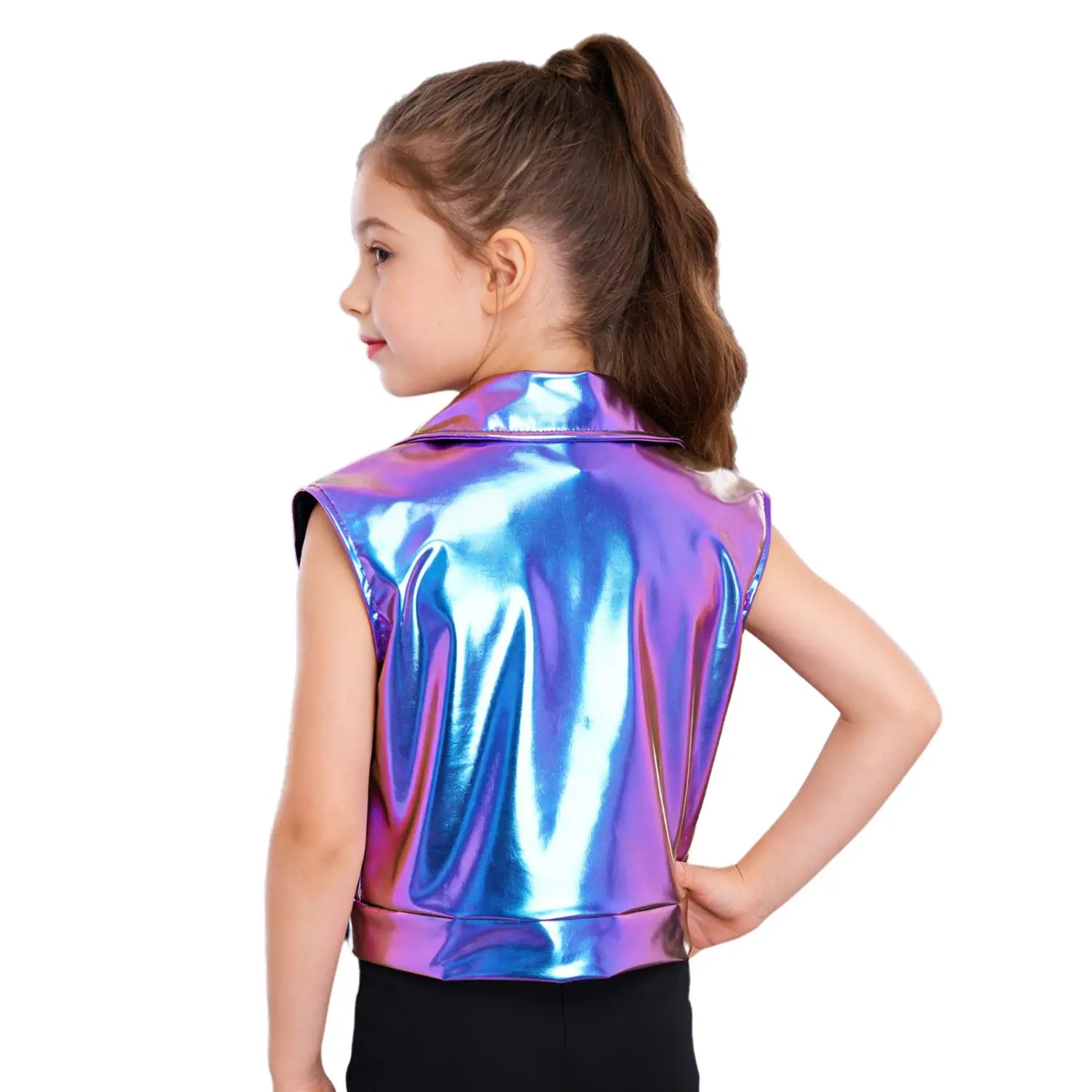 Kids Boys Girls Hip Hop Jazz Dance Performance Costume Turn-Down Collar Vest Zipper Metallic Jacket Tops Sleeveless Outerwear