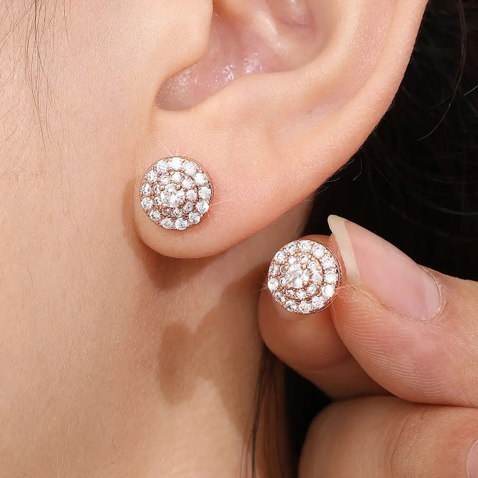 Hip Hop Rock Round Copper Zirconia Stud Earrings Silver/Gold Color Metal Crystal Ear Jewelry For Men Women Party Gift