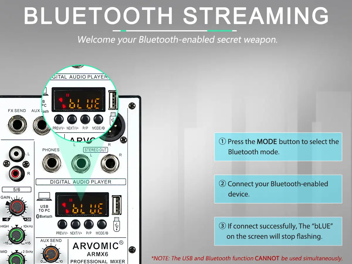 6-Channel Audio Mixer DJ Mixer with USB Audio Interface Bluetooth Function 16 DSP Effects and 3-Band EQ (ARMX-6)
