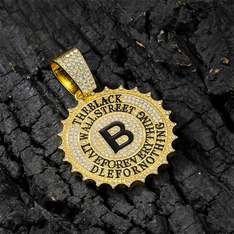 Hip Hop Round B Letter Pendant Necklace Men Gold Sliver Color Ice Out Crystal Sign Rock Pendant Rapper Bling Jewerly