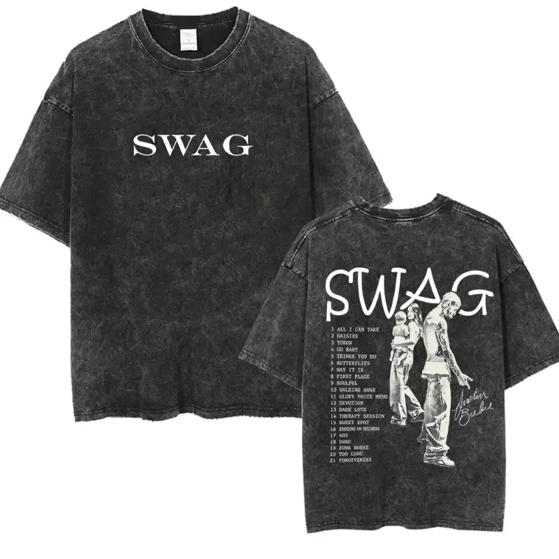 Rapper Justin Bieber SWAG Album 2025 Vintage Washed Graphic T-Shirt Woman’s Hip Hop Loose Fashion Short Sleeve Streetwear