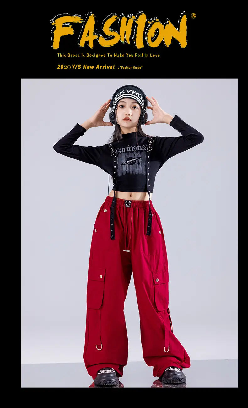 Hip Hop Girls K-pop Fashion Crop Top Street Dance Cargo Pants Plaid Skirts Kids Streetwear Children Jazz Girl Group Clothes Sets