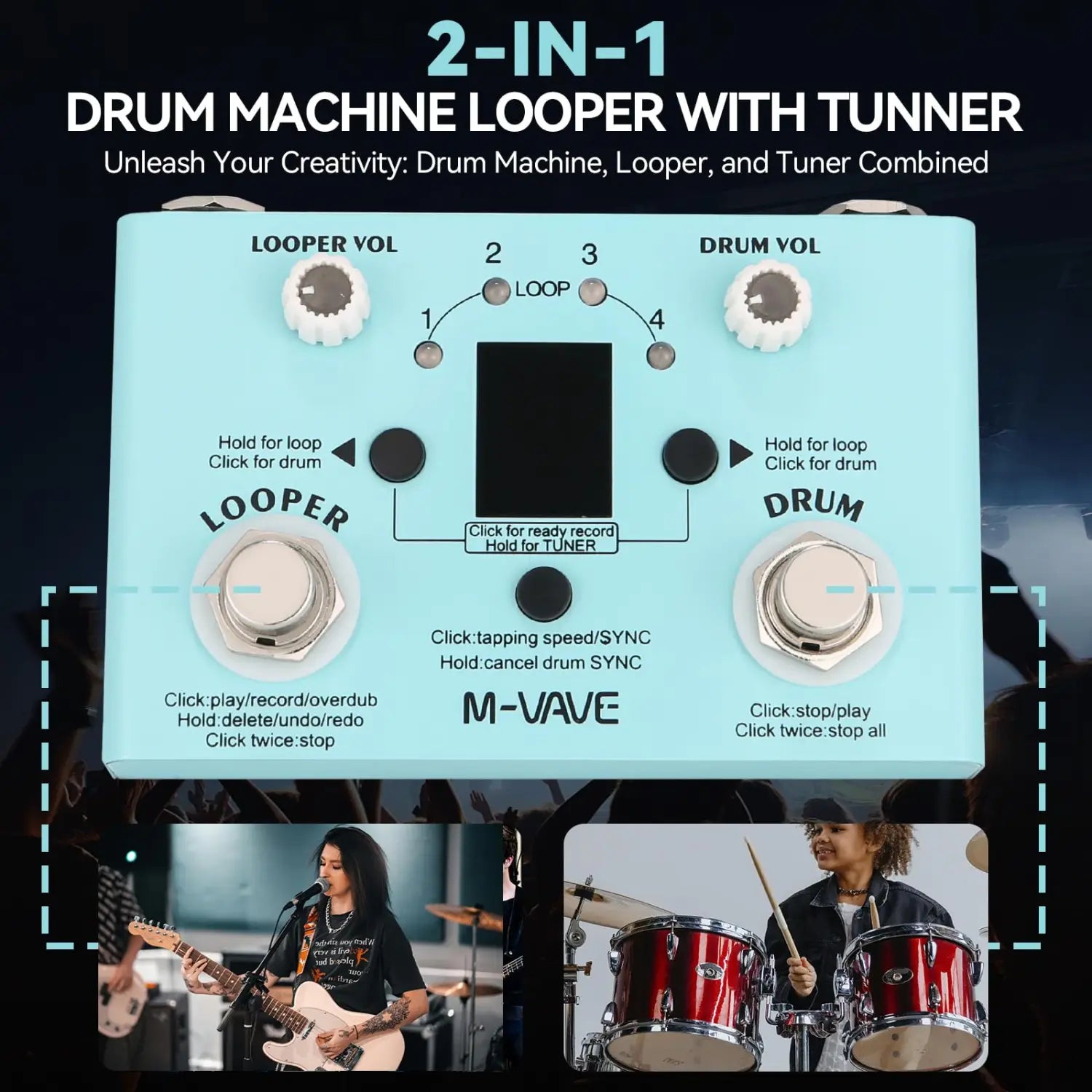 M-vave Lost Tempo Drum Machines & Looper Pedal - 4-Mode Tuner/Drum 30 Presets 11 Mins Recoding Time,for Guitar/Bass Effects
