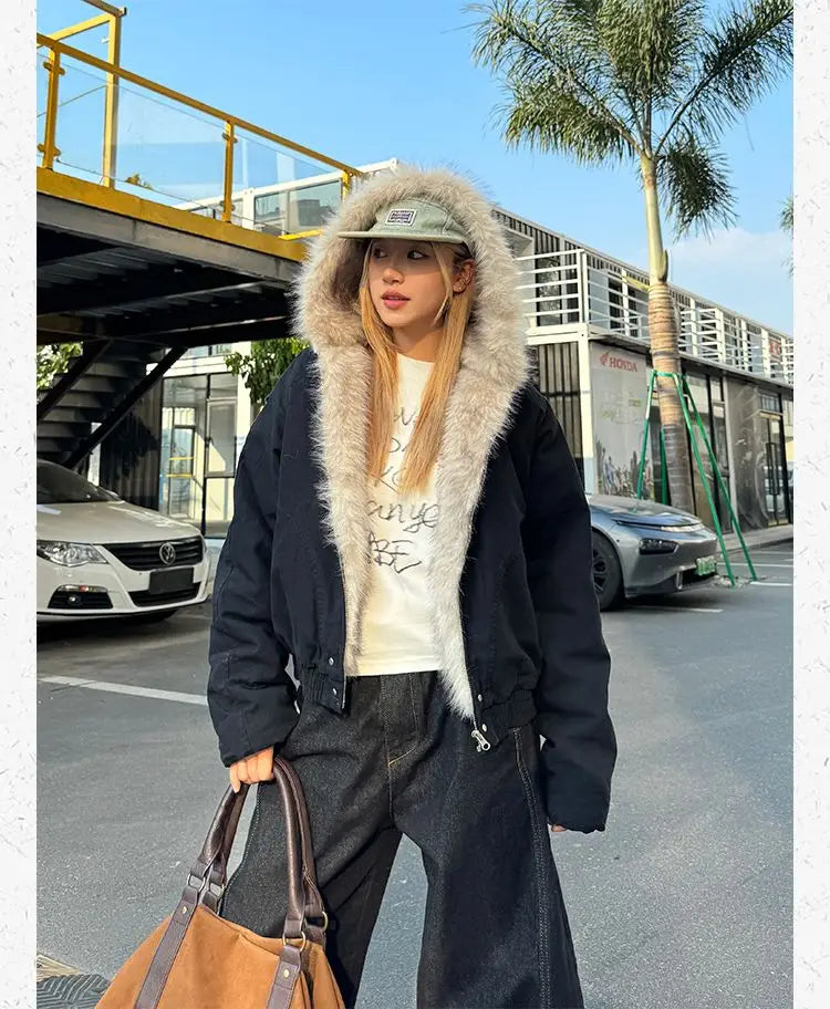 American Retro Fur Collar Hooded Jacket Women Y2K Streetwear Winter New Velvet Thickened Warm Harajuku Loose Casual Jacket