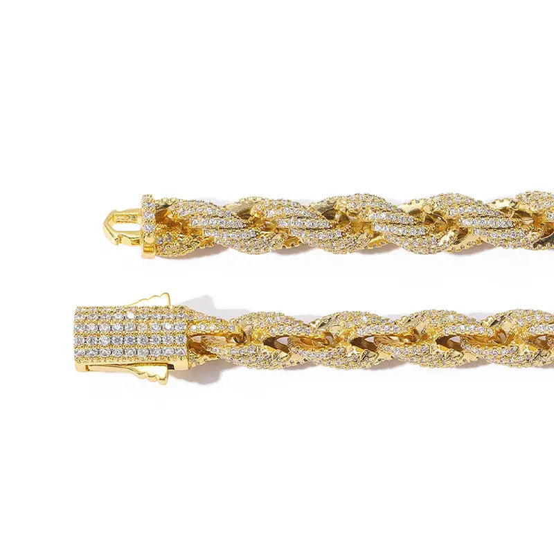 HIP Hop Full CZ Stone Paved Bling Iced Out 8mm Twist Rope Chain Chokers Necklace for Men Rapper Jewelry Gold Silver Color