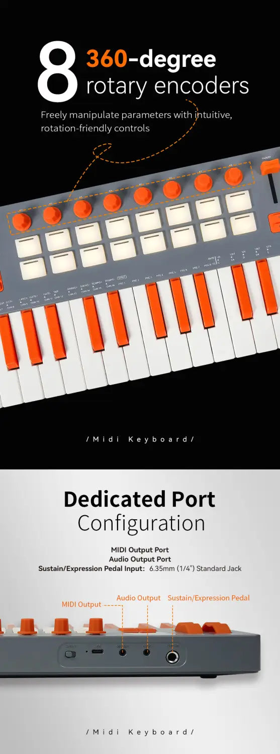 M-VAVE SMK-37 Elite Wireless MIDI Keyboard MIDI Controller- 16 Pad 8 Encoders Battery Powered DAW & iOS Compatible