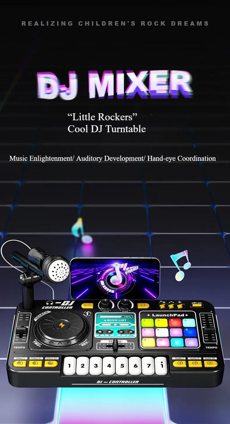 Kid DJ Mixer with Microphone Electronic Piano Keyboard Bluetooth DJ Turntable Controller Musical Instrument Kid Birthday Gift