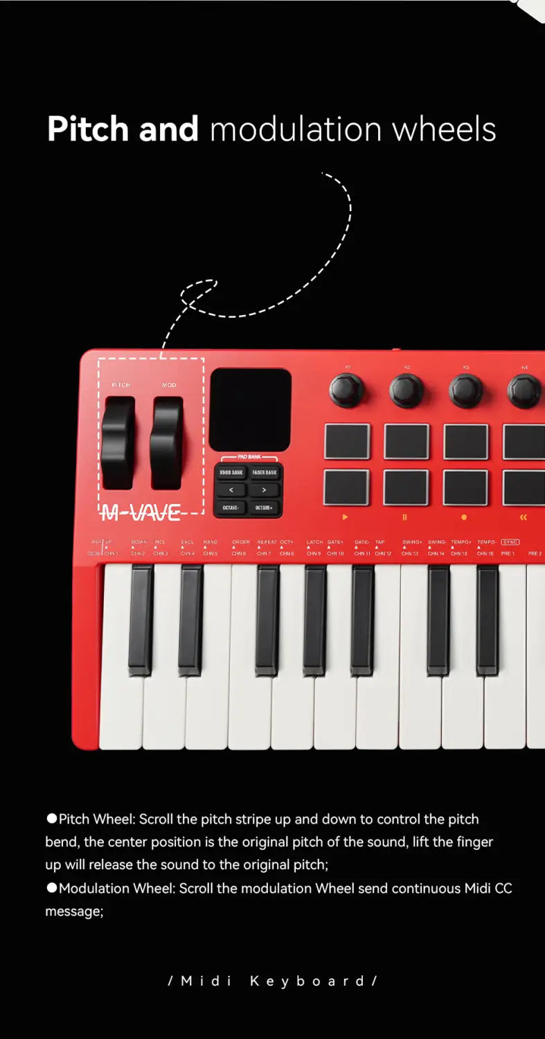 M-VAVE SMK-37 PRO Keyboard MIDI Controller 37 Key 16 RGB Pads&8 Knobs Supports Wireless Connection Systems Software Operation