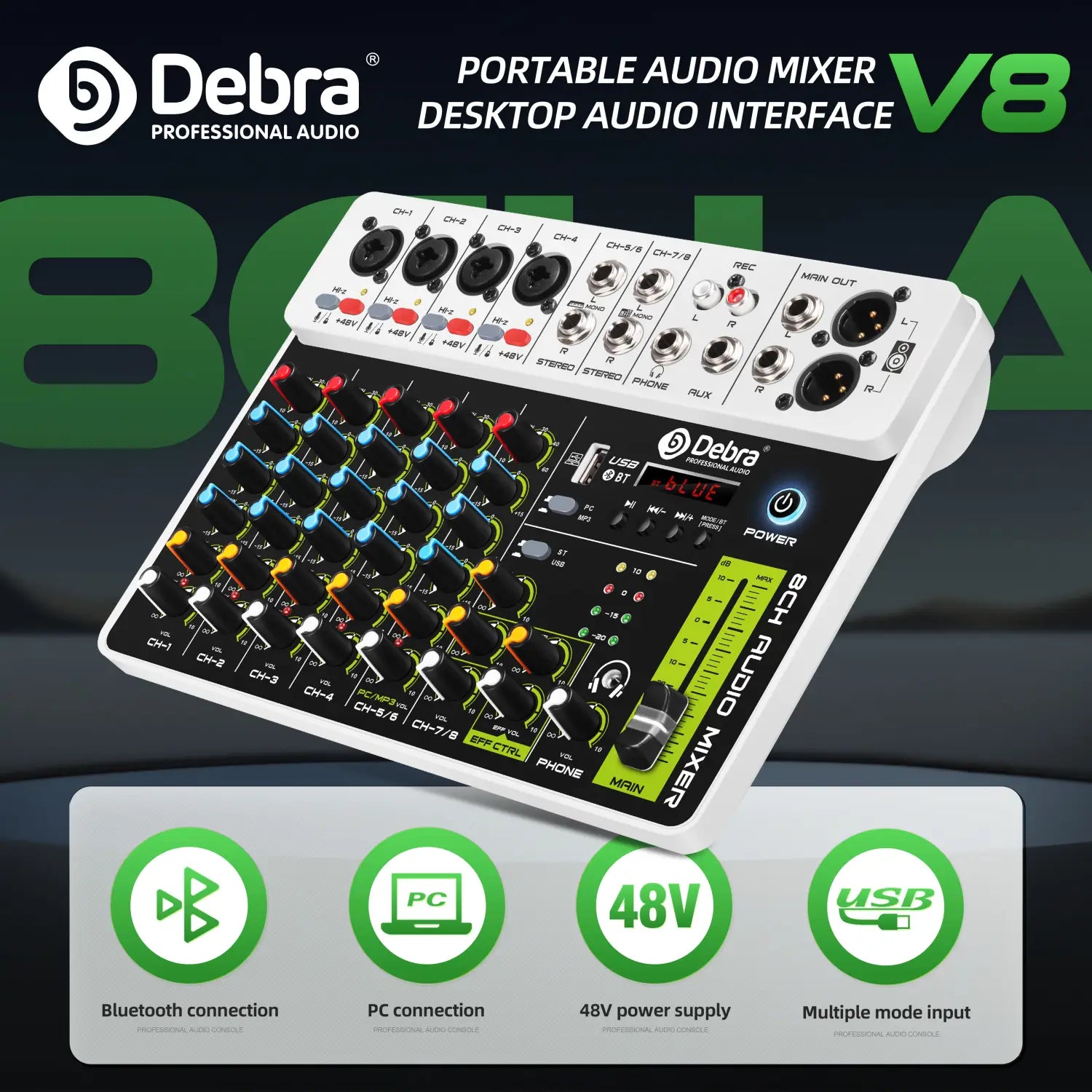4/8 Channel Audio Mixer DJ Controller Sound Mixing Console With Bluetooth Phantom Power Delay Repaeat Effect For PC Recording