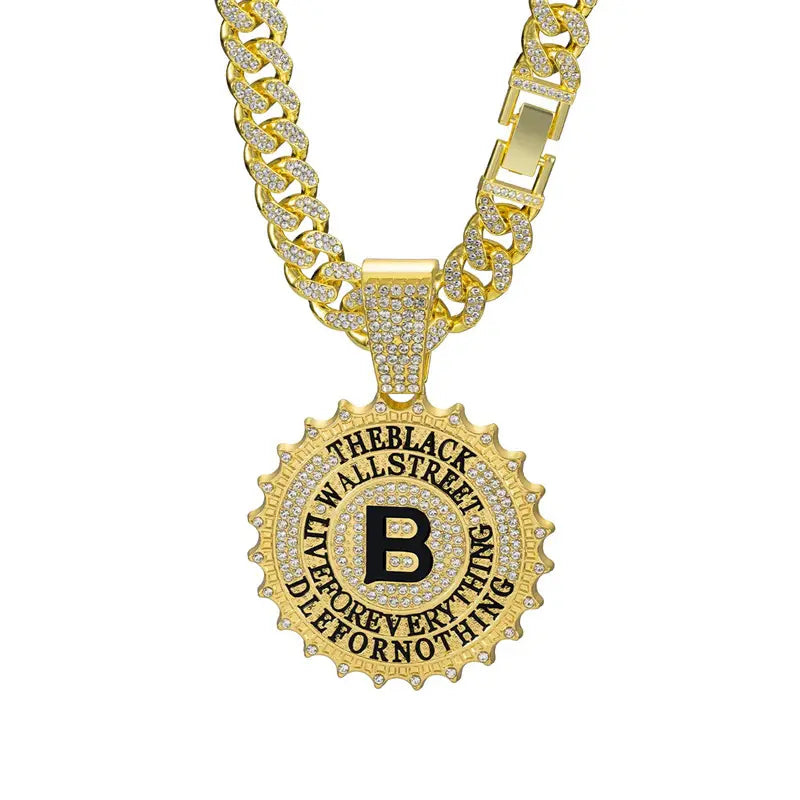 Hip Hop Round B Letter Pendant Necklace Men Gold Sliver Color Ice Out Crystal Sign Rock Pendant Rapper Bling Jewerly
