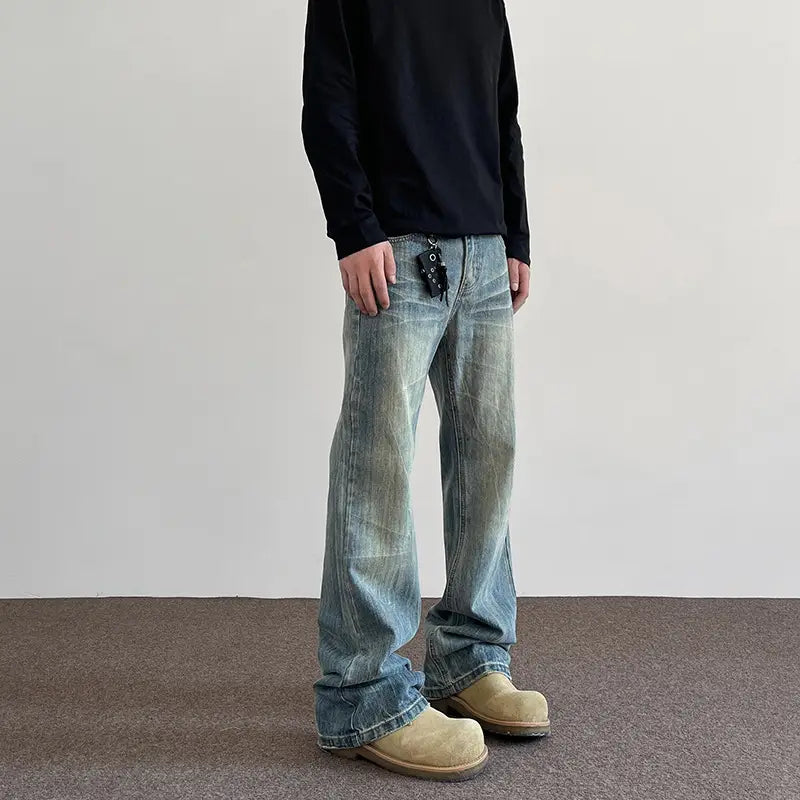Hiphop Bootcut Jeans Mens Straight Wide-leg Pants New High Street Lightning Ripple Jeans Four Seasons Classic High Quality Pants