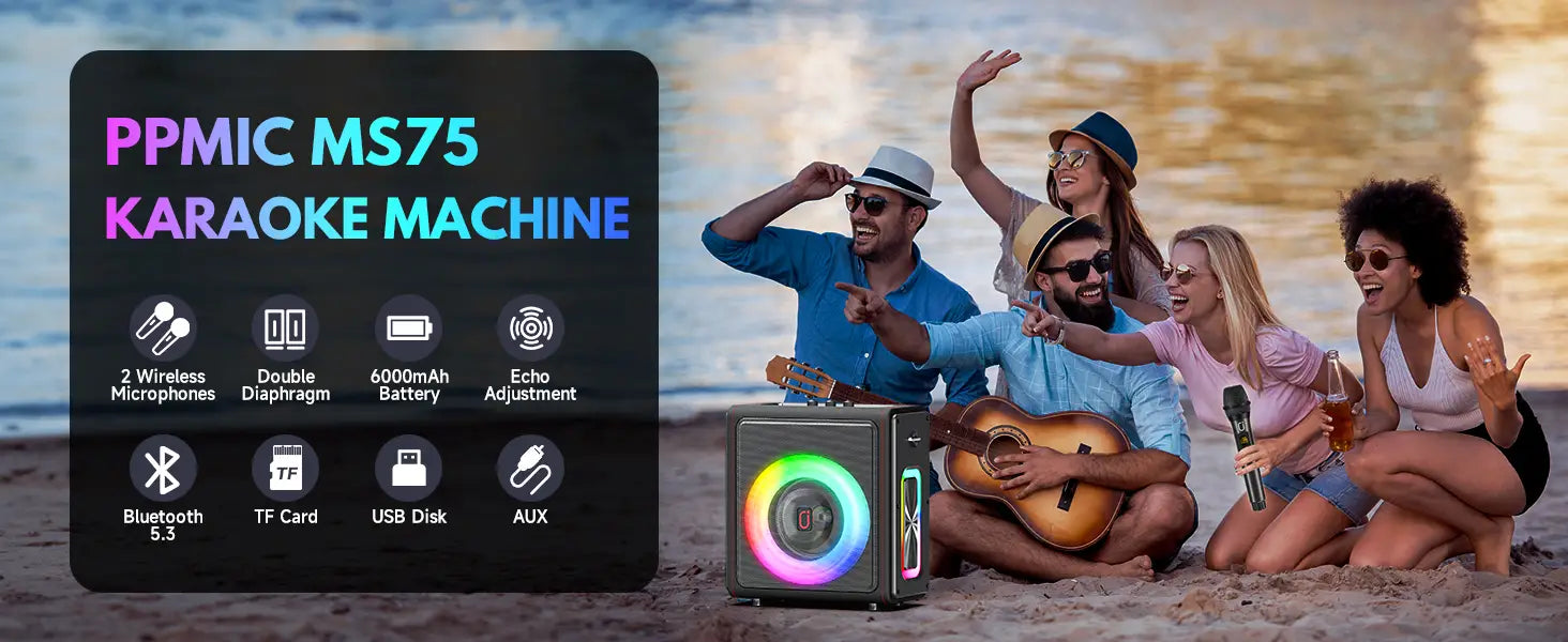 Karaoke Machine Portable Bluetooth Speaker with Microphones PA System with 2 Karaoke Microphones Disco Lights for Home Parties