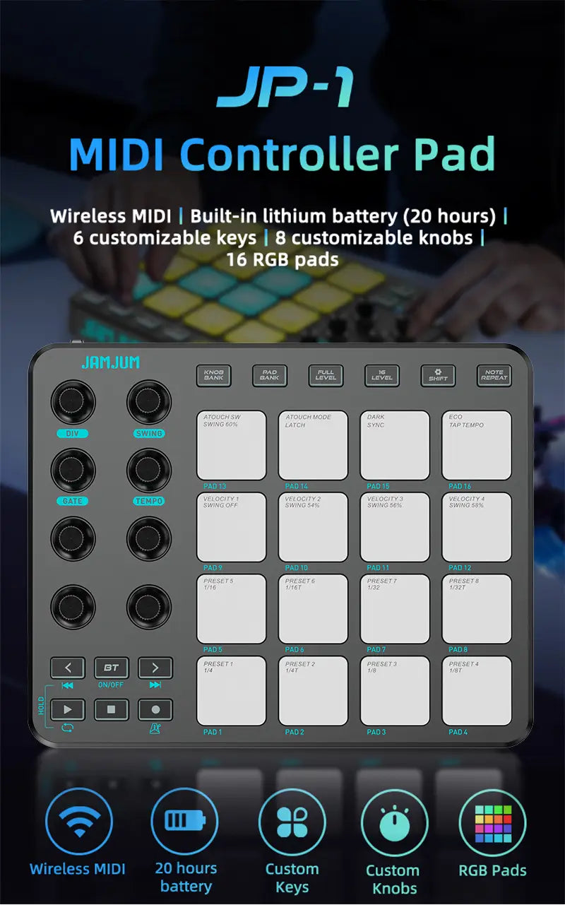 JAMJUM MIDI Controller Pad BT RGB Strike Pad Backlight MIDI Connection Low Latency 3.5mm Output Interface RGB Pad