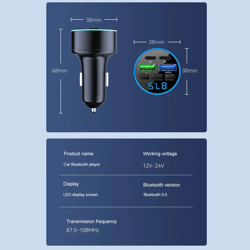 Bluetooth 5.0 FM Transmitter Handsfree Car AUX Radio Modulator MP3 Player 66W Dual PD Type-C USB Fast Charge With Volt display