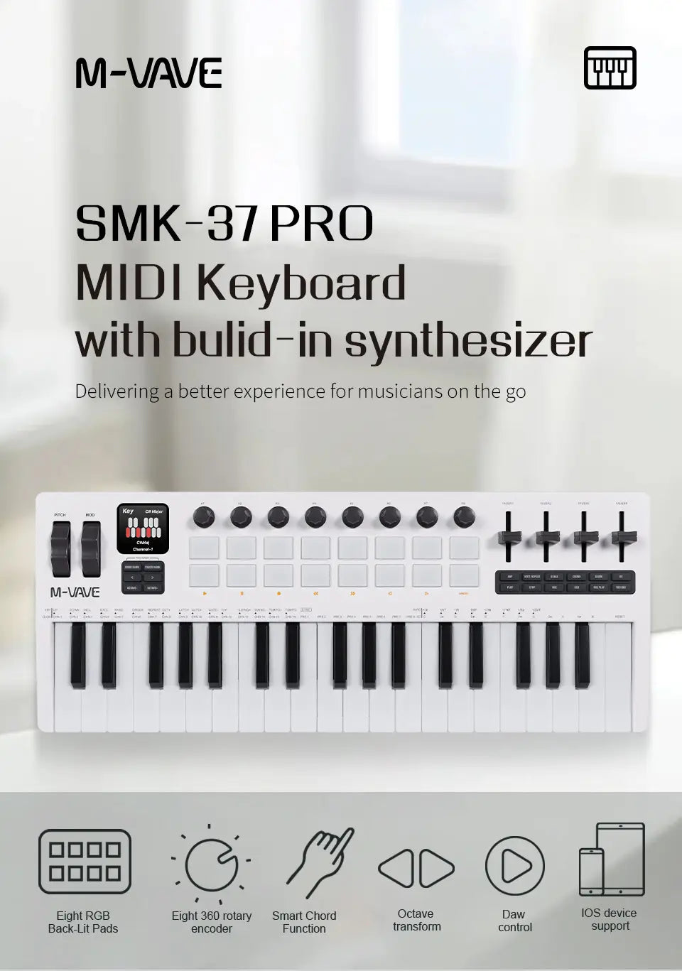 M-VAVE SMK-37 Pro Keyboard 37 Key MIDI Controller With Built-in Synth Engine 8 Knobs + 16 RGB Pads 37 Key MIDI Controllers