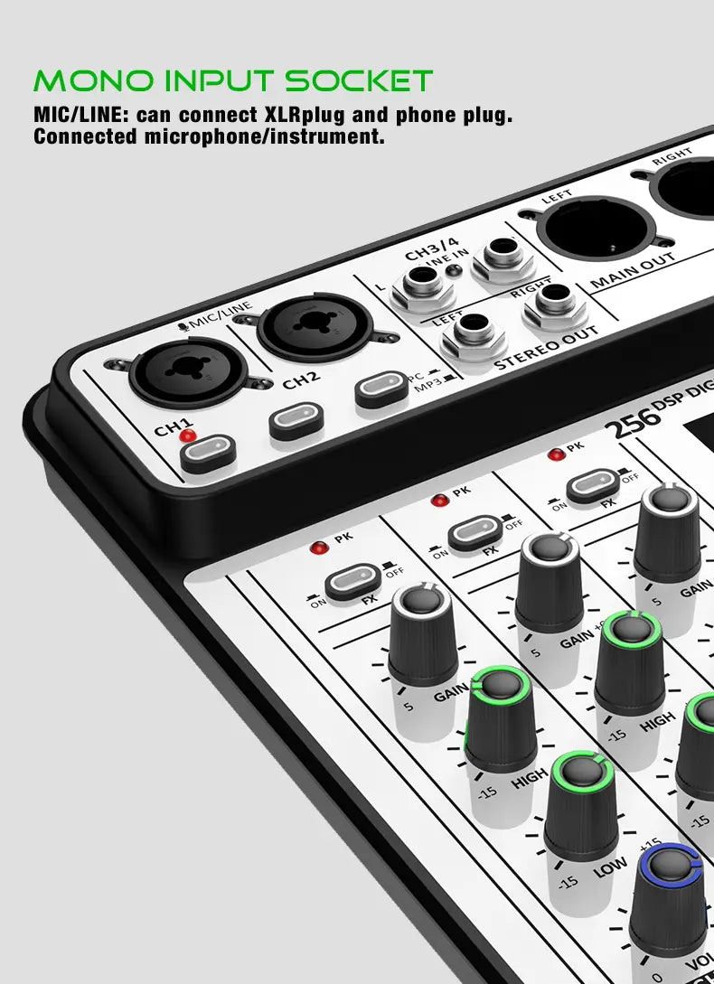 Professional 4-Channel 256DSP Audio Mixer 48V Phantom Power USB Studio Karaoke Bluetooth DJ Console Mixer