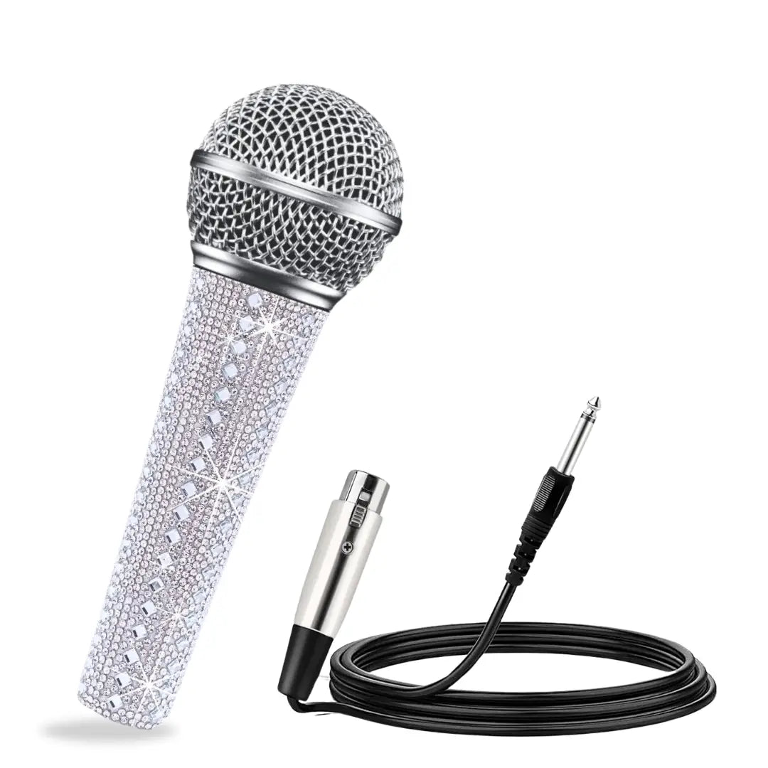 Professional Vocal Microphone for Singing Dynamic Handheld Wired Karaoke Mic,Shiny Sparkle White Decorative Handle Sleeve