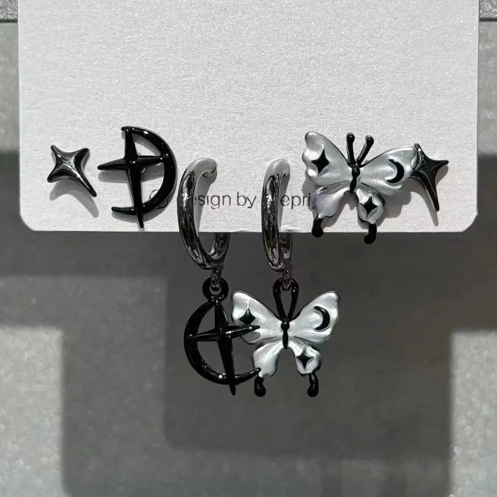 6pcs Set Personality Trend Dark Butterfly Heart Star Cross Tassels Zircon Stud Earrings for Women Hip-hop Rock Y2K Jewelry Gift