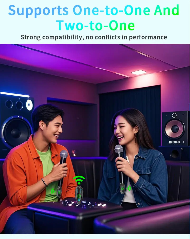 Wireless Microphone System (2 Transmitters + 1 Receiver) – HD Sound for Mobile Karaoke & PC Recording