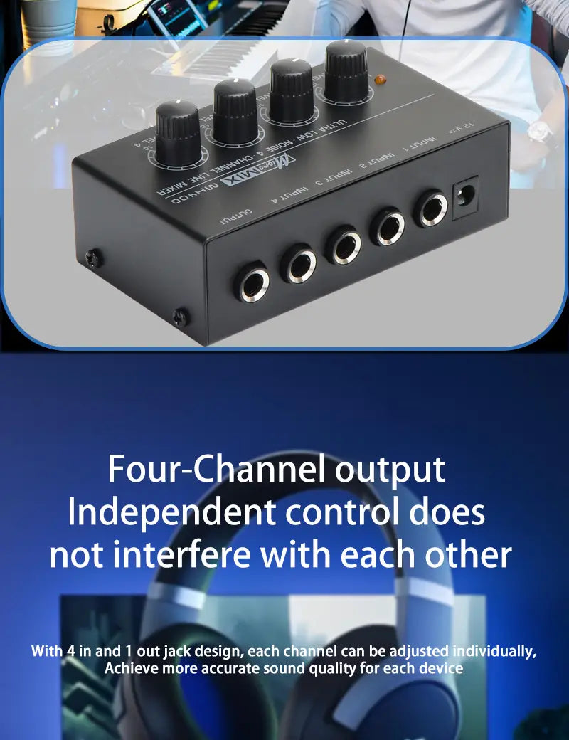 MX400 Mini 4-Channel Audio Mixer Ultra Compact Sound Low Noise With Power Adapter DJ Karaoke Audio Mixer Headphone Amplifier
