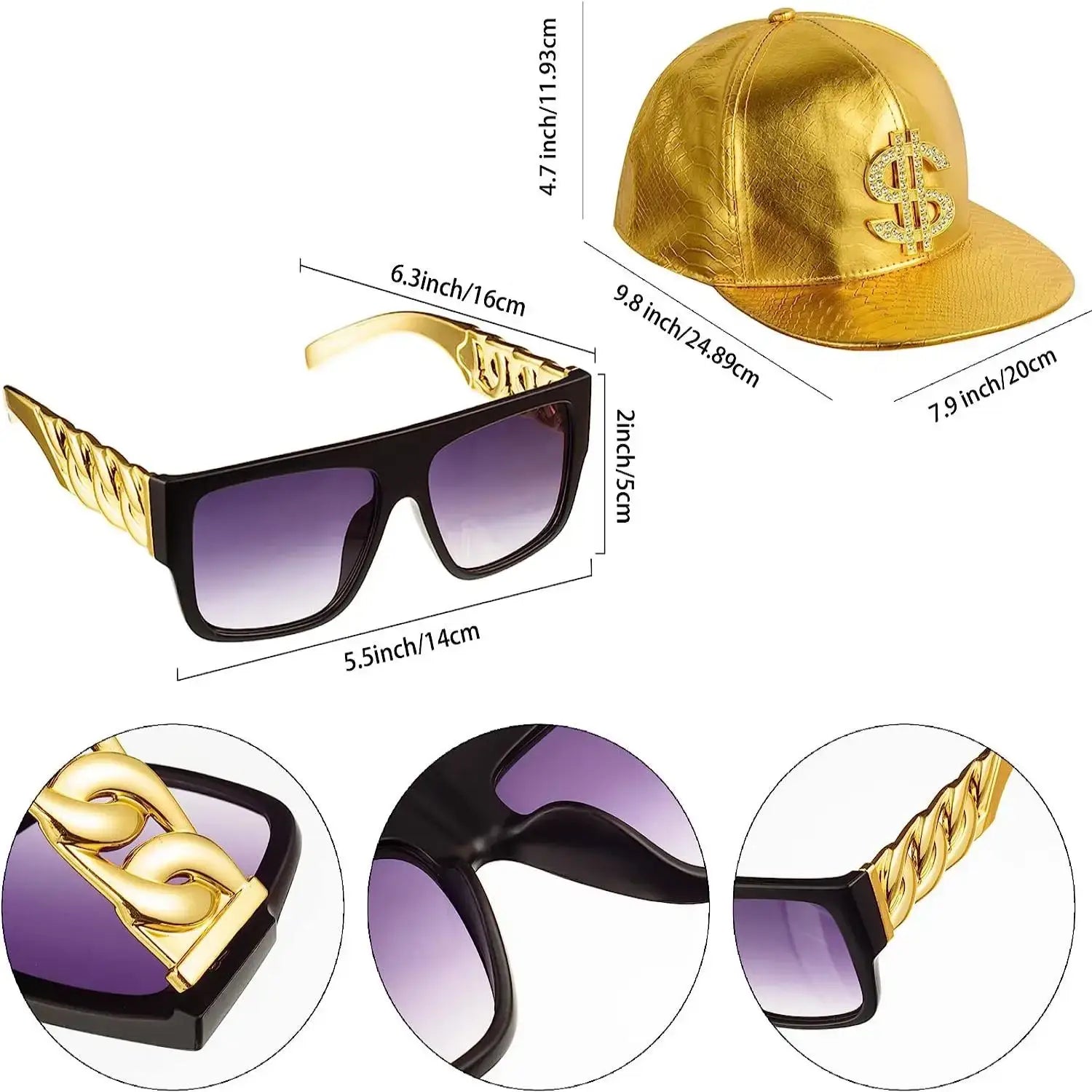 80s 90s Hip Hop Costume Accessories Set for Men Vintage Rapper Cosplay Gold Metal Chain Dollar Ring Bracelet Sunglasses Cap Suit