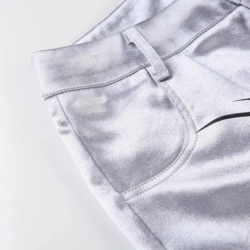 Hip Hop Women High Waist Wide Leg Pants Street Silver Dark Style Satin Pleated Casual Loose Slimming Dance Pants