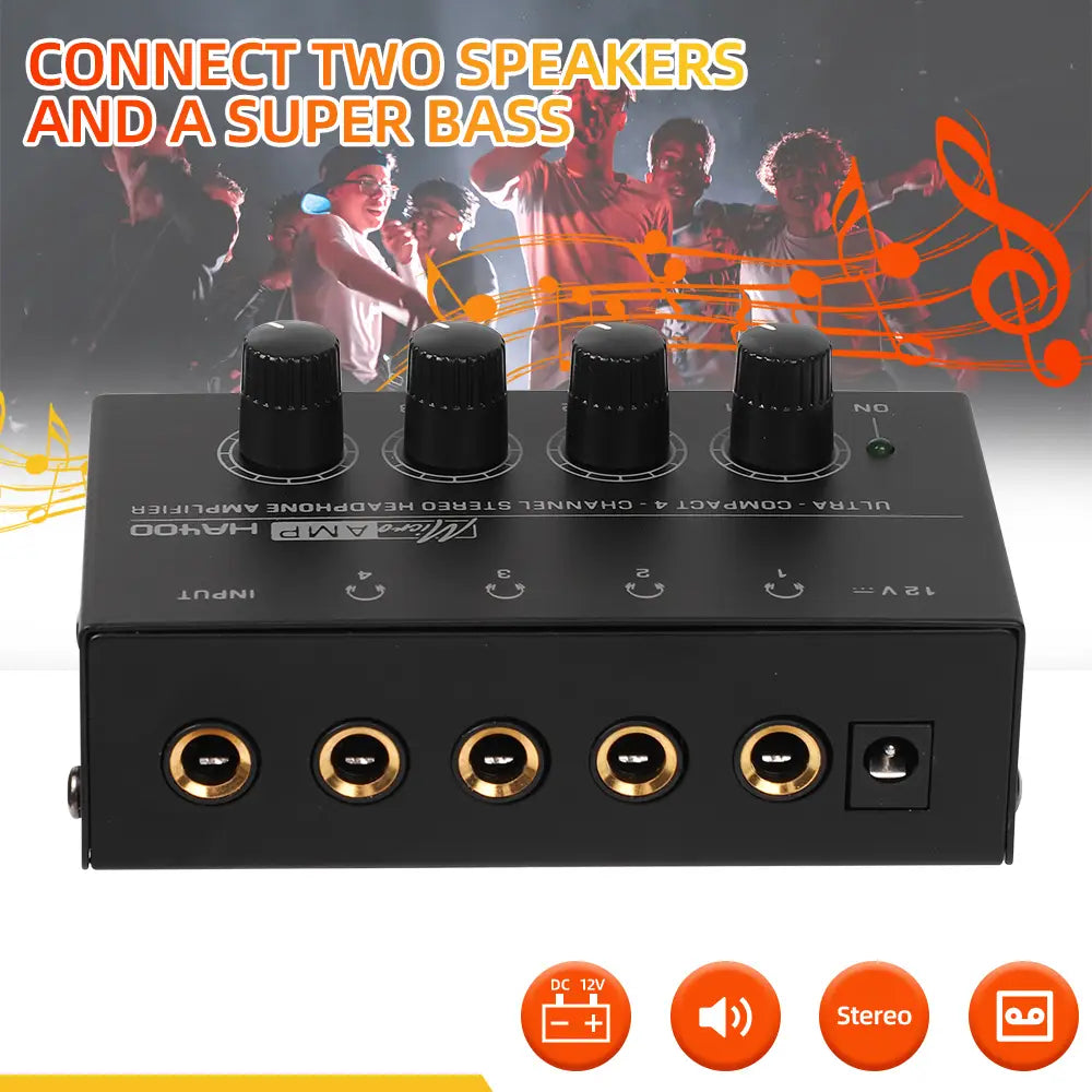 Headphone Amplifier Ultra-Compact Stereo Earphone Amplifier Audio Amplifier 4 Channels for Music 6.35MM Jack with Volume Control