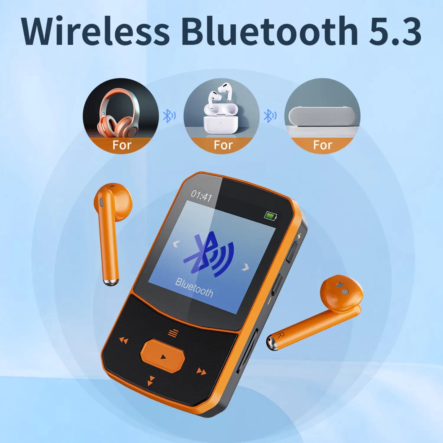 RUIZU X52 Orange MP3 Player Bluetooth Sport with Clip 1.5” TFT Color Display support up to 128GB TF Card FM Radio,Pedometer