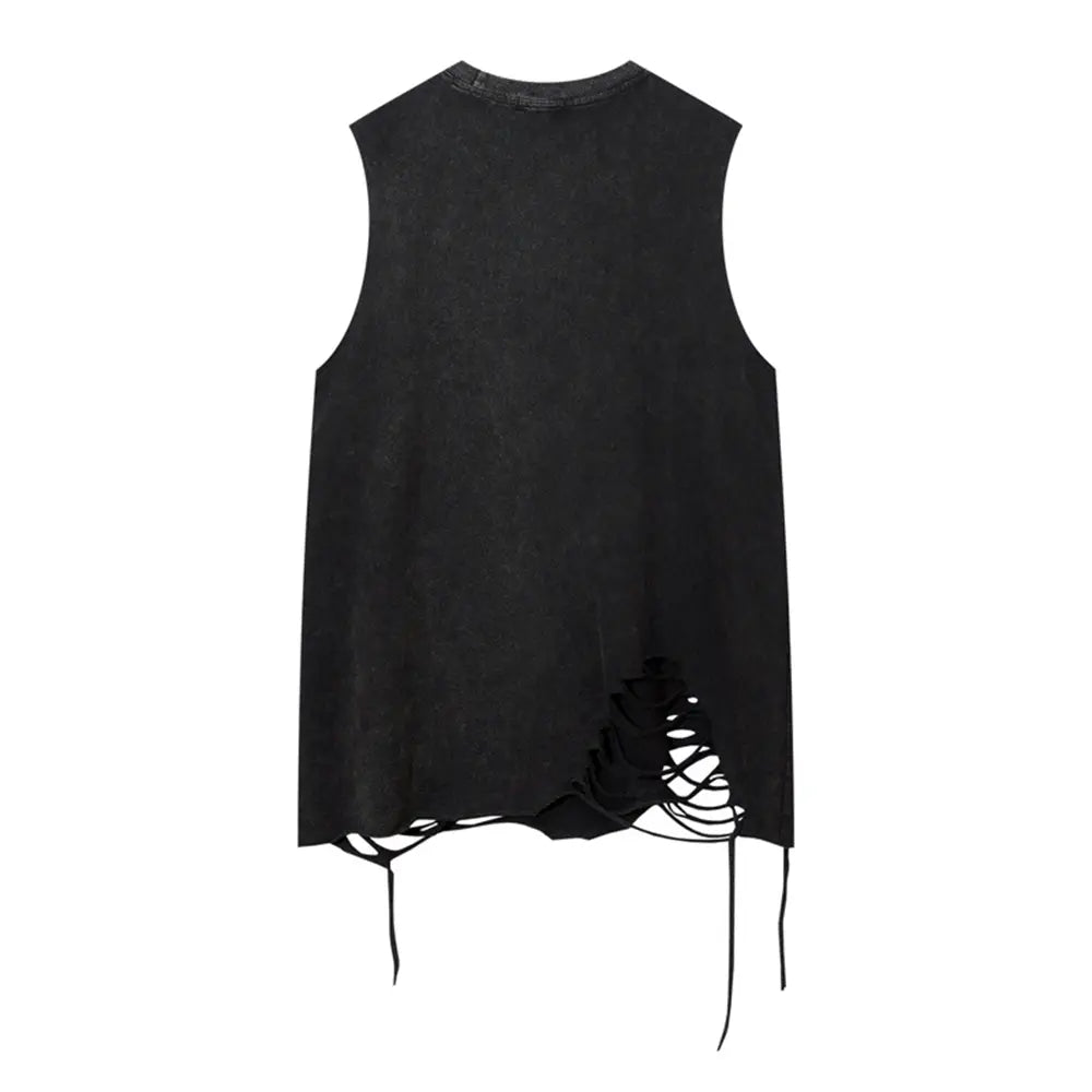 Hip Hop Tank Tops Men’s Vintage Washed Sleeveless T-Shirt Hole Harajuku Dancing Breathable Tops with Necklace Streetwear